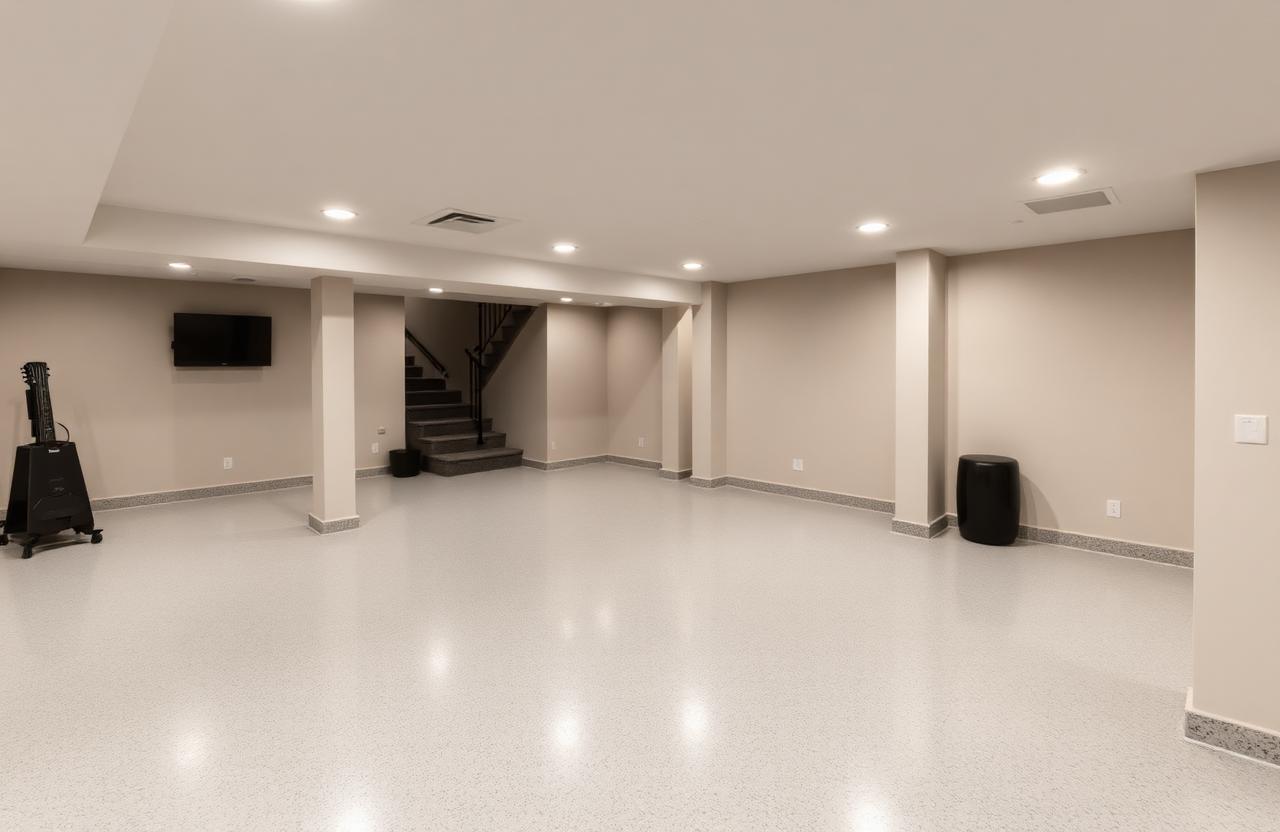 Finished basement with epoxy floor