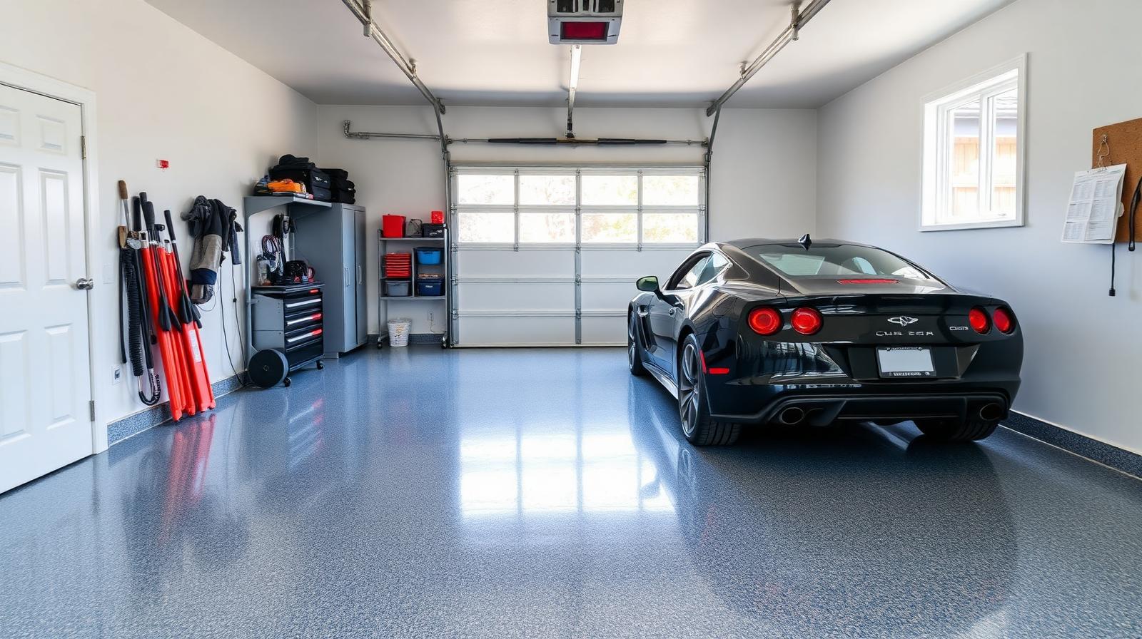 Finished two-car residential garage with glossy flake epoxy floor