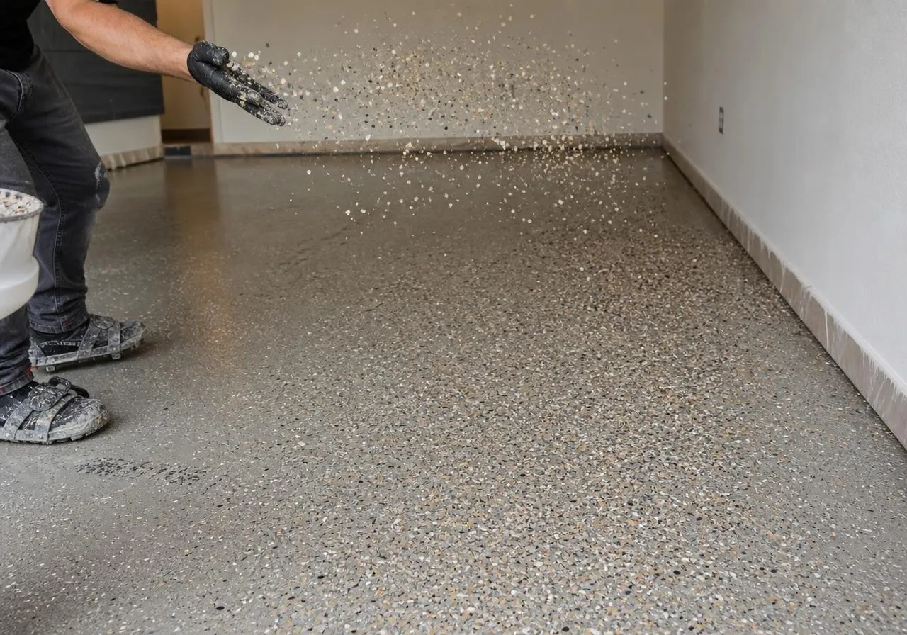 Worker hand broadcasting vinyl color flake into a wet coating on a garage floor