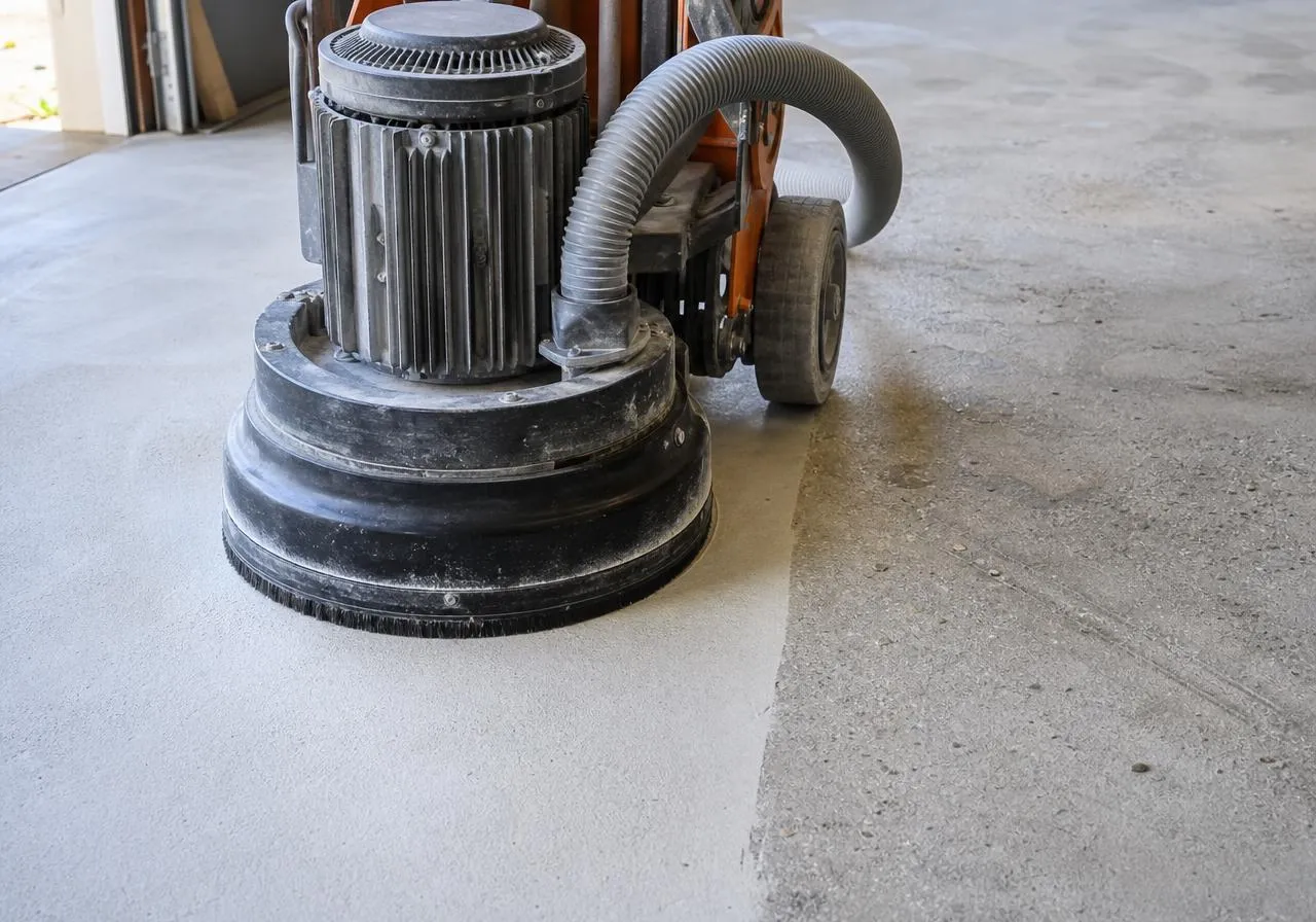Diamond grinder profiling a bare concrete garage floor with a dust shroud attached