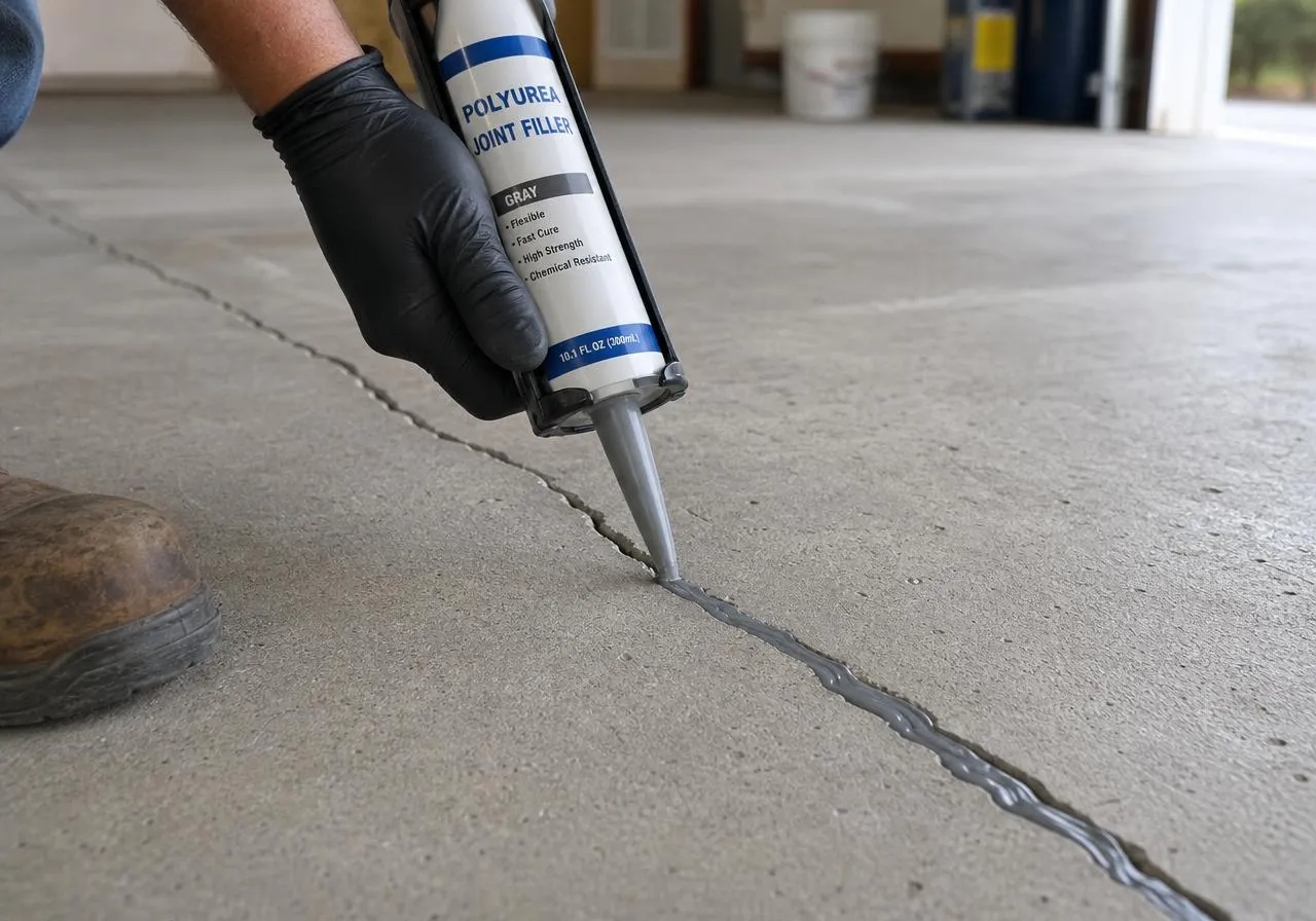 Installer filling a crack in a concrete floor with gray polyurea joint filler