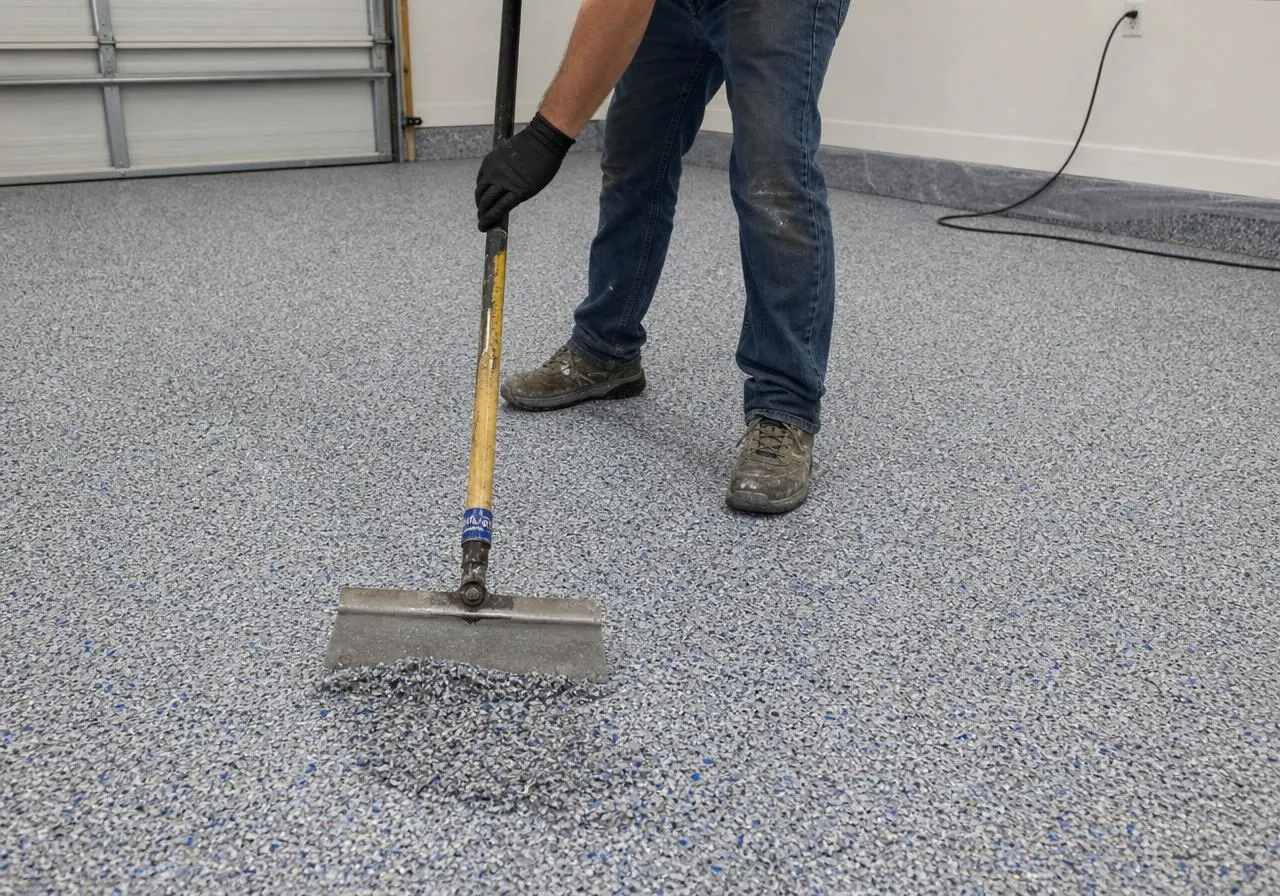 Installer scraping loose vinyl flake off a cured flake garage floor
