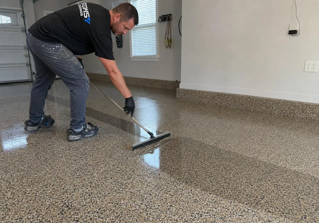 Installer applying clear polyaspartic top coat with a squeegee over a flake garage floor